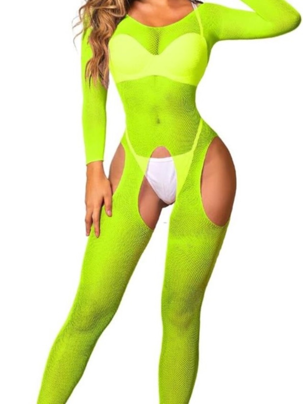 Fishnet Bodysuit For Women Glow in the Dark. Neon Green/Yellow Rave Sexy Lingeri